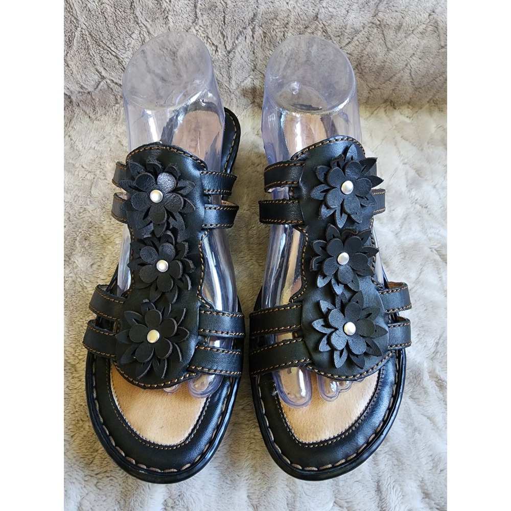 Born Black Leather Flower Wedge Sandals Womens 10 Slip On Mules